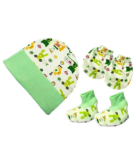 Brandonn New Cap Mittens & Booties Set Multi Print Green - Diameter 12 cm