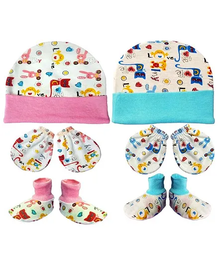 Brandonn New Cap Mittens & Booties Set Multi Print Pink Blue - Diameter 12 cm