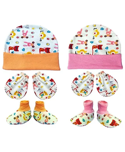 Brandonn New Cap Mittens & Booties Set Multi Print Orange Pink - Diameter 12 cm