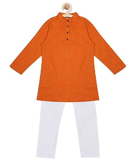 Campana Self Design Full Sleeves Kurta & Pajama Set - Orange