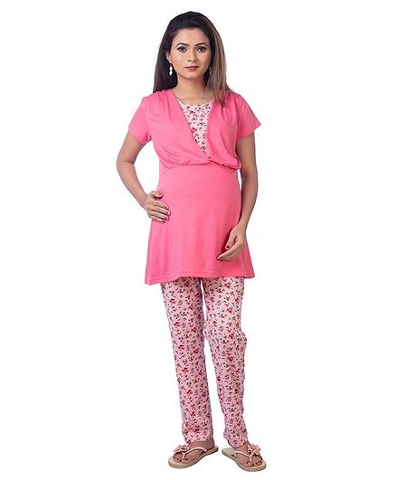 Kriti Short Sleeves Night Suit Floral Print - Pink