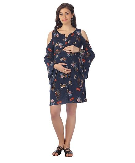 Kriti Cold Shoulder Maternity Dress Floral Print - Navy Blue