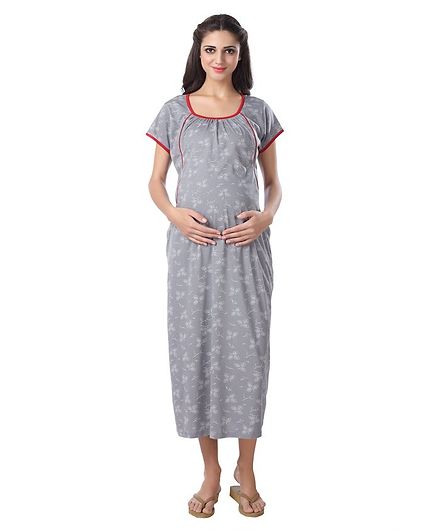 Kriti Short Sleeves Maternity Nursing Nighty Leaves Print - Grey
