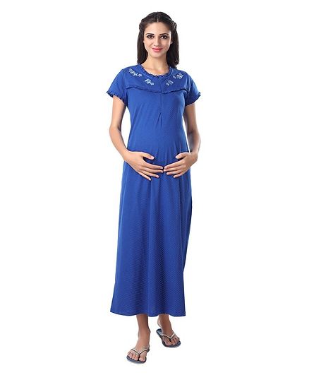 Kriti Half Sleeves Dotted Maternity Nighty With Floral Embroidery - Dark Blue