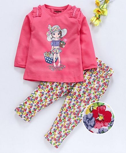 Cucumber Full Sleeves Top With Leggings Floral Print - Pink