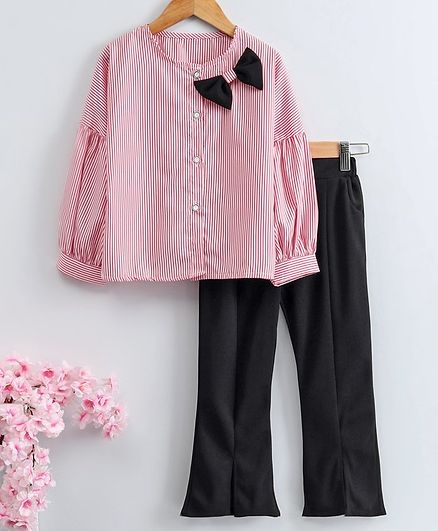 Kookie Kids Full Sleeves Striped Shirt with Trousers - Pink Black