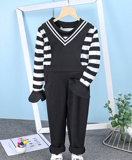 Kookie Kids Full Sleeves Striped Top & Solid Dungaree - Black White