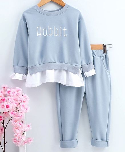 Kookie Kids Winter Wear Full Sleeves Sweatshirt with Trousers Rabbit Print - Grey