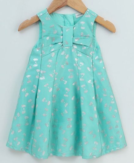 Babyoye Party Wear Sleeveless Cotton Frock Bow Print - Green