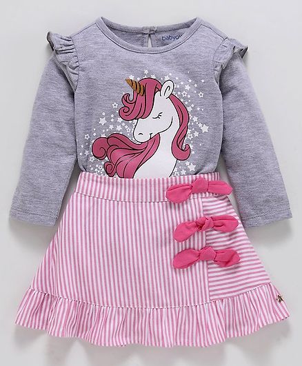 Babyoye Cotton Full Sleeves Top & Striped Skirt Unicorn Print - Pink Grey