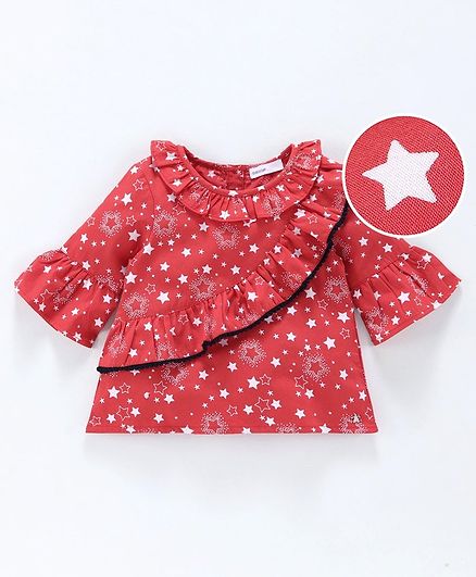 Babyoye Bell Sleeves Cotton Ruffled Top Star Print - Red