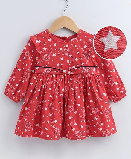 Babyoye Full Sleeves Cotton Frock Star Print - Red