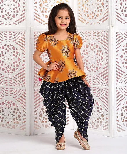 Saka Designs Half Sleeves Kurta & Dhoti Set Floral Design - Yellow