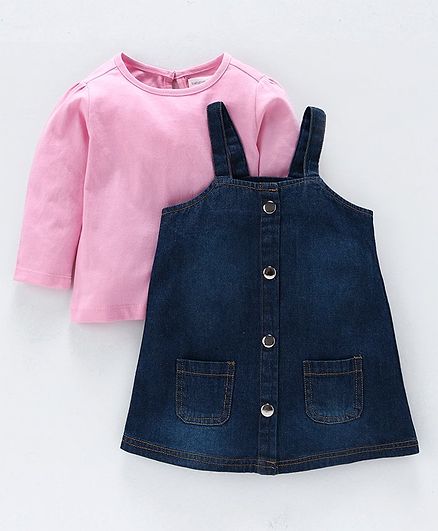 Babyoye Cotton Dungaree Frock With Tee - Pink Blue