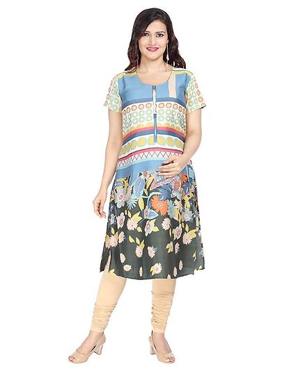 Morph Flower Print Half Sleeves Maternity Nursing Kurta - Multi Color