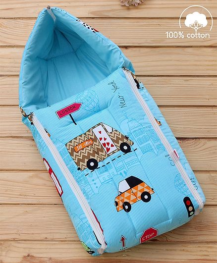 Babyhug Sleeping Bag Cars Print - Sky Blue