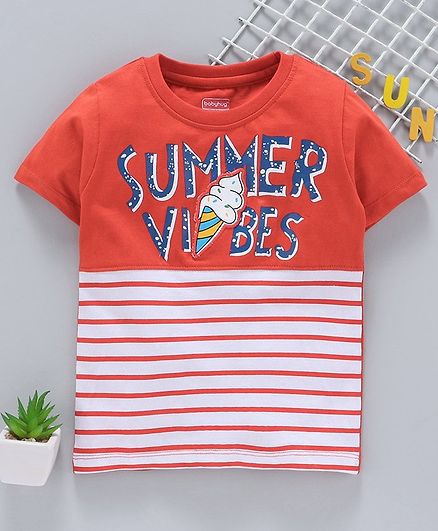 Babyhug Half Sleeves Tee Summer Vibes Print - Coral