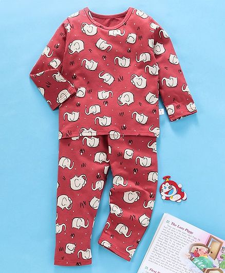 Kookie Kids Full Sleeves Night Suit Elephant Print - Red