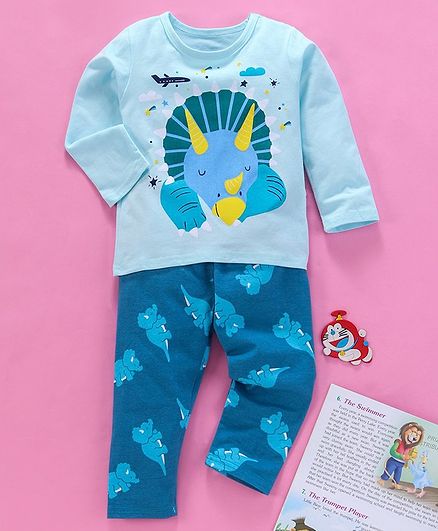 Kookie Kids Full Sleeves Night Suit Triceratops Print - Blue