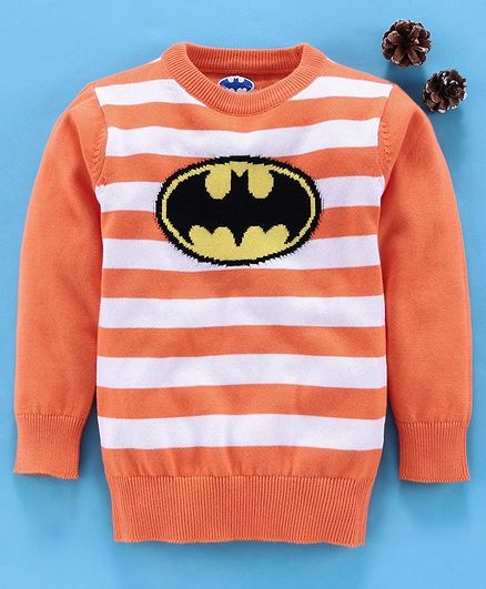 Mom's Love Full Sleeves Striped Pullover Sweater Batman Design - Orange