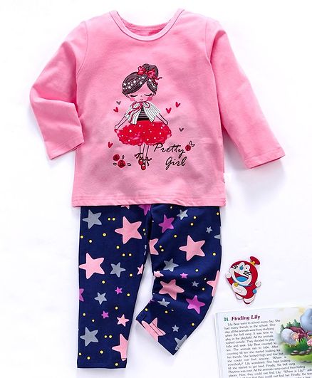 Kookie Kids Full Sleeves Night Suit Ballerina & Star Print - Pink