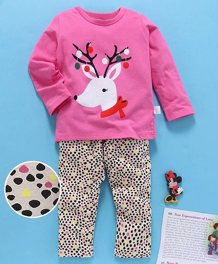 Kookie Kids Full Sleeves Night Suit Deer Print - Pink