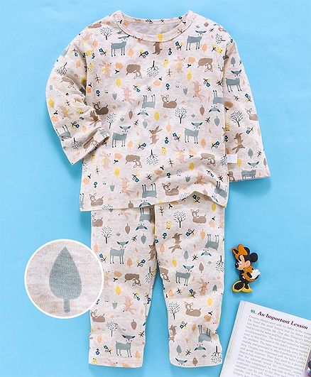 Kookie Kids Full Sleeves Night Suit Animal Print - Cream