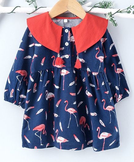 Kookie Kids Full Sleeves Frock Flamingo Print - Navy Blue