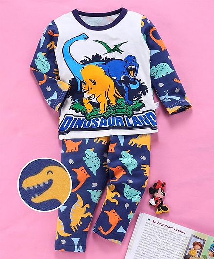 Kookie Kids Full Sleeves Night Suit Dino Print - Navy Blue