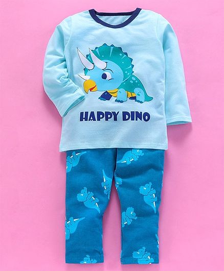 Kookie Kids Full Sleeves Night Suit Happy Dino Print - Blue