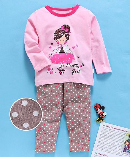 Kookie Kids Full Sleeves Night Suit Ballerina & Heart Print - Light Pink