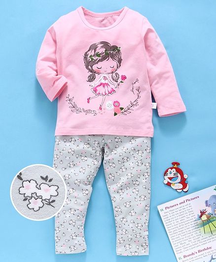 Kookie Kids Full Sleeves Night Suit Floral Print - Pink