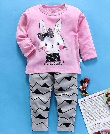 Kookie Kids Full Sleeves Night Suit Bunny Print - Pink