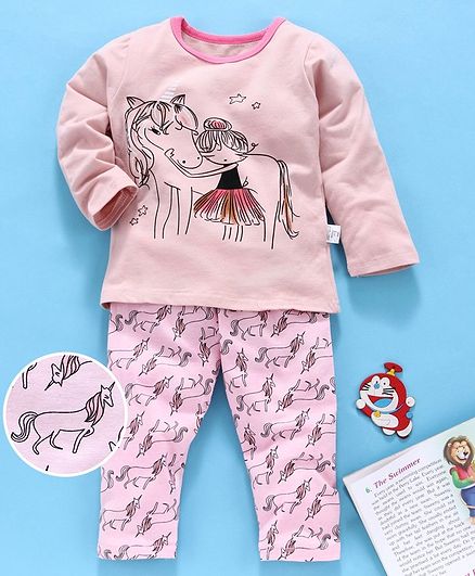 Kookie Kids Full Sleeves Night Suit Unicorn Print - Light Peach