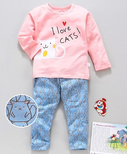 Kookie Kids Full Sleeves Night Suit Cats Print - Pink