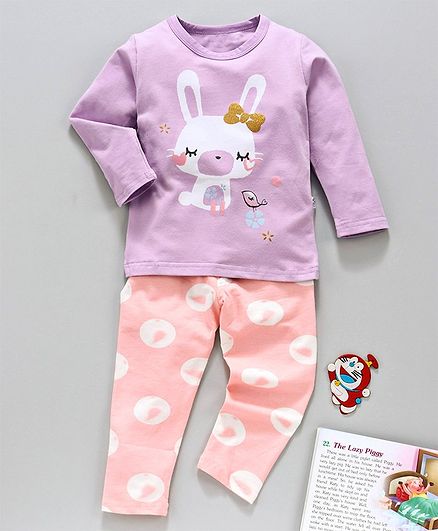 Kookie Kids Full Sleeves Night Suit Bunny Print - Purple
