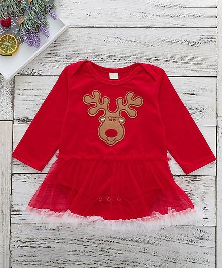 Kookie Kids Full Sleeves Frock Style Onesies Reindeer Patch - Red