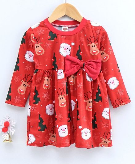 Kookie Kids Full Sleeves Frock Christmas Print - Red