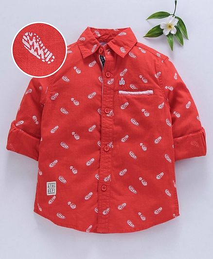 UFO Footsteps Print Front Pocket Full Sleeves Shirt - Orange