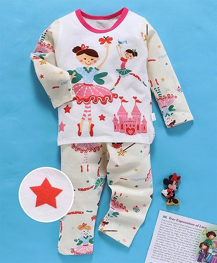 Kookie Kids Full Sleeves Night Suit Dancers Print - White