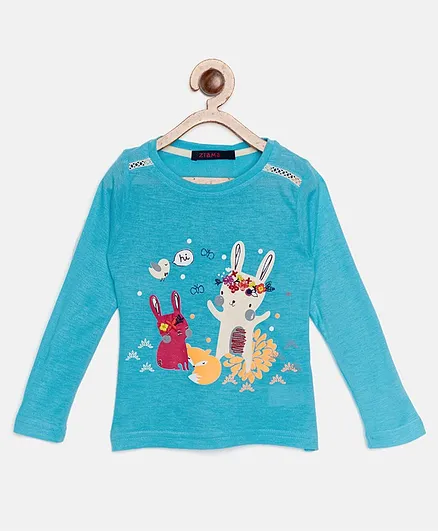 Ziama Flying Birds And Teddy Printed Full Sleeves Top - Blue