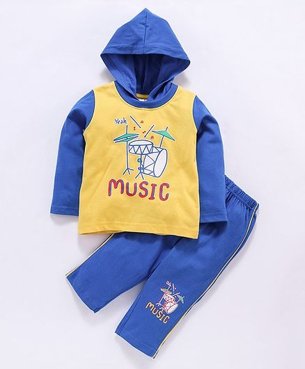 Tango Full Sleeves Hooded Tee & Lounge Pants Set Music Print - Yellow