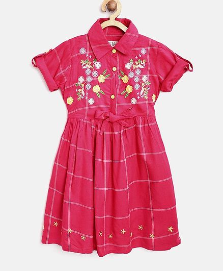 Bella Moda Checkered Half Sleeves Flower Embroidered Dress - Pink