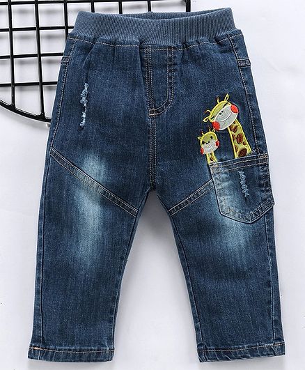 Kookie Kids Full Sleeves Ribbed Jeans Giraffe Patch - Blue