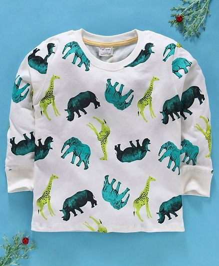 Kookie Kids Full Sleeves Tee Animal Print - White Green