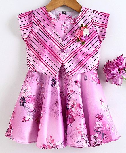 Enfance Sleeveless Flower Print Dress With Striped Shrug - Pink