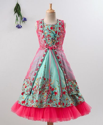Enfance Sleeveless Floral Print Gown With Shrug - Blue