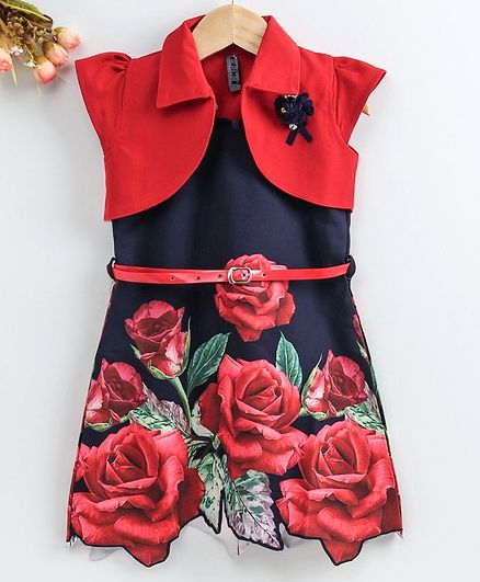 Enfance Rose Printed Sleeveless Dress With Shrug - Red