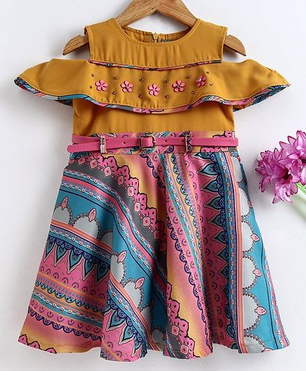 Enfance Half Sleeves Printed Cold Shoulder Dress - Brown