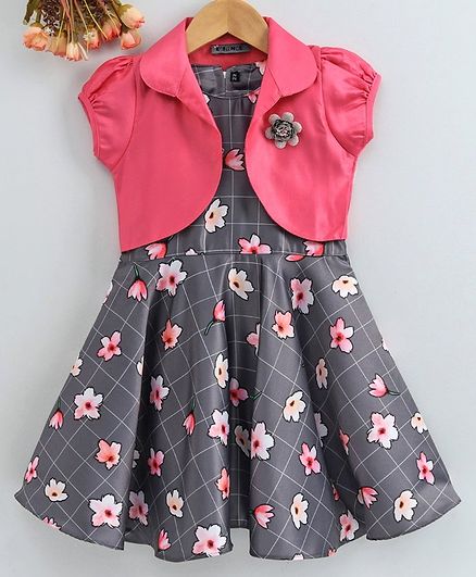 Enfance Sleeveless Floral Print Dress With Shrug - Pink